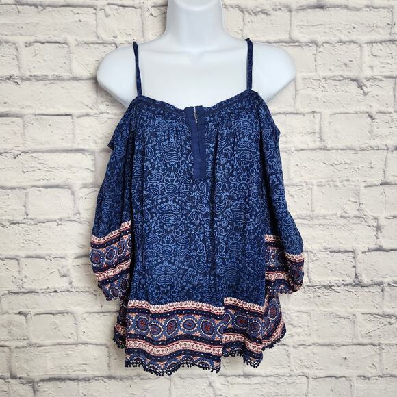 Japna Top Womens Size Small Cold Shoulder Boho Blue - Picture 2 of 14